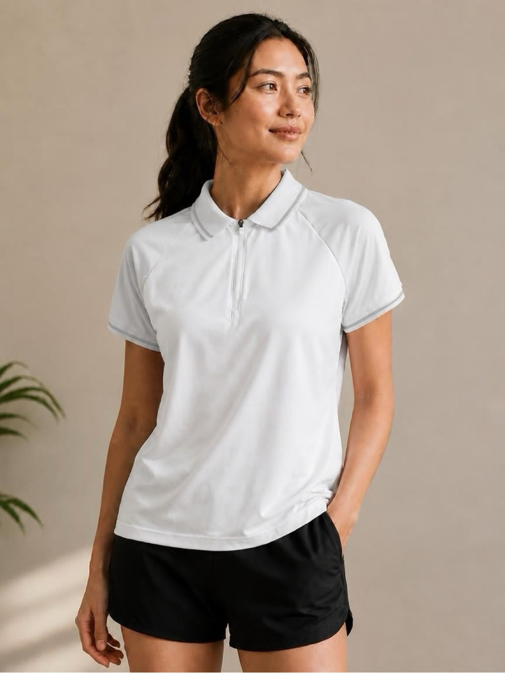 Mondetta White Short-Sleeve Zip Polo Top